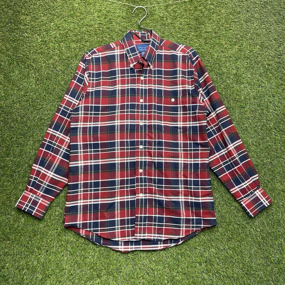 Vintage TownCraft Shirt Mens Small Red Blue Plaid Button Down Long Sleeve 90s